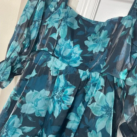 Teal Blue Floral Chiffon Babydoll Dress Square Neck M - Picture 4 of 7